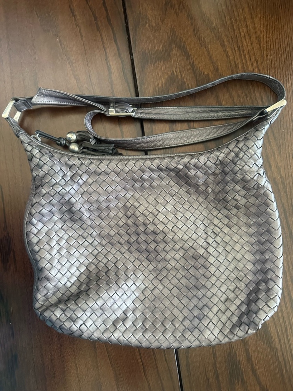 Woven Leather Shoulder Bag in Metallic Gray